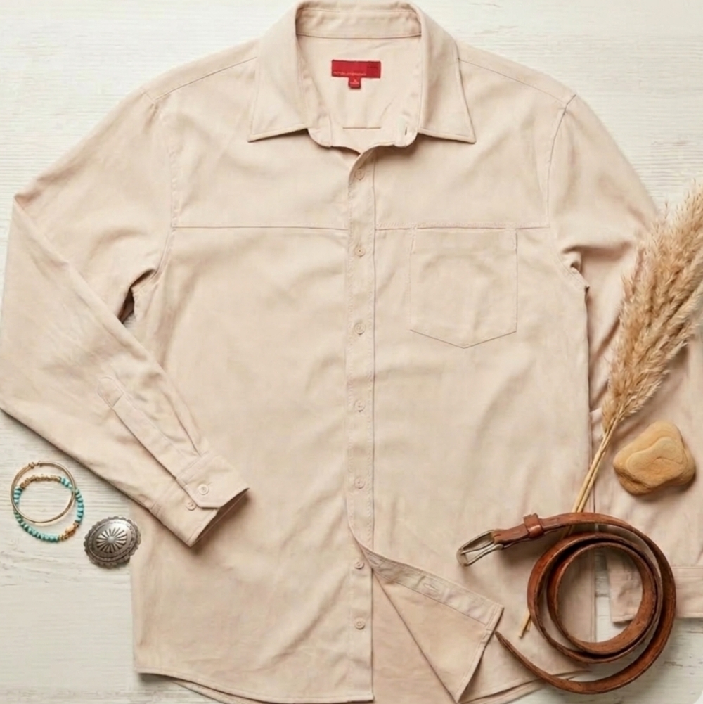 Private Member Large Tan Faux Suede Long Sleeve Western Button Down Boho Shirt‎